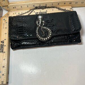 Women's Black Faux Croc Clutch Rhinestone Snake Chain Evening Bag